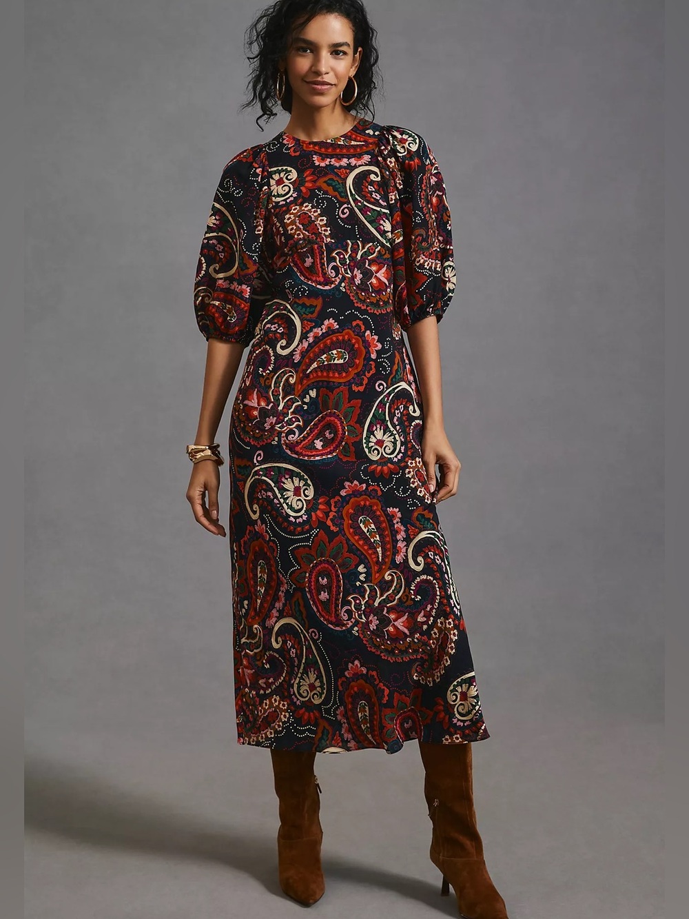 NWT Anthropologie Kachel Puff-Sleeve Midi Dress Paisley Floral Black Red S Small